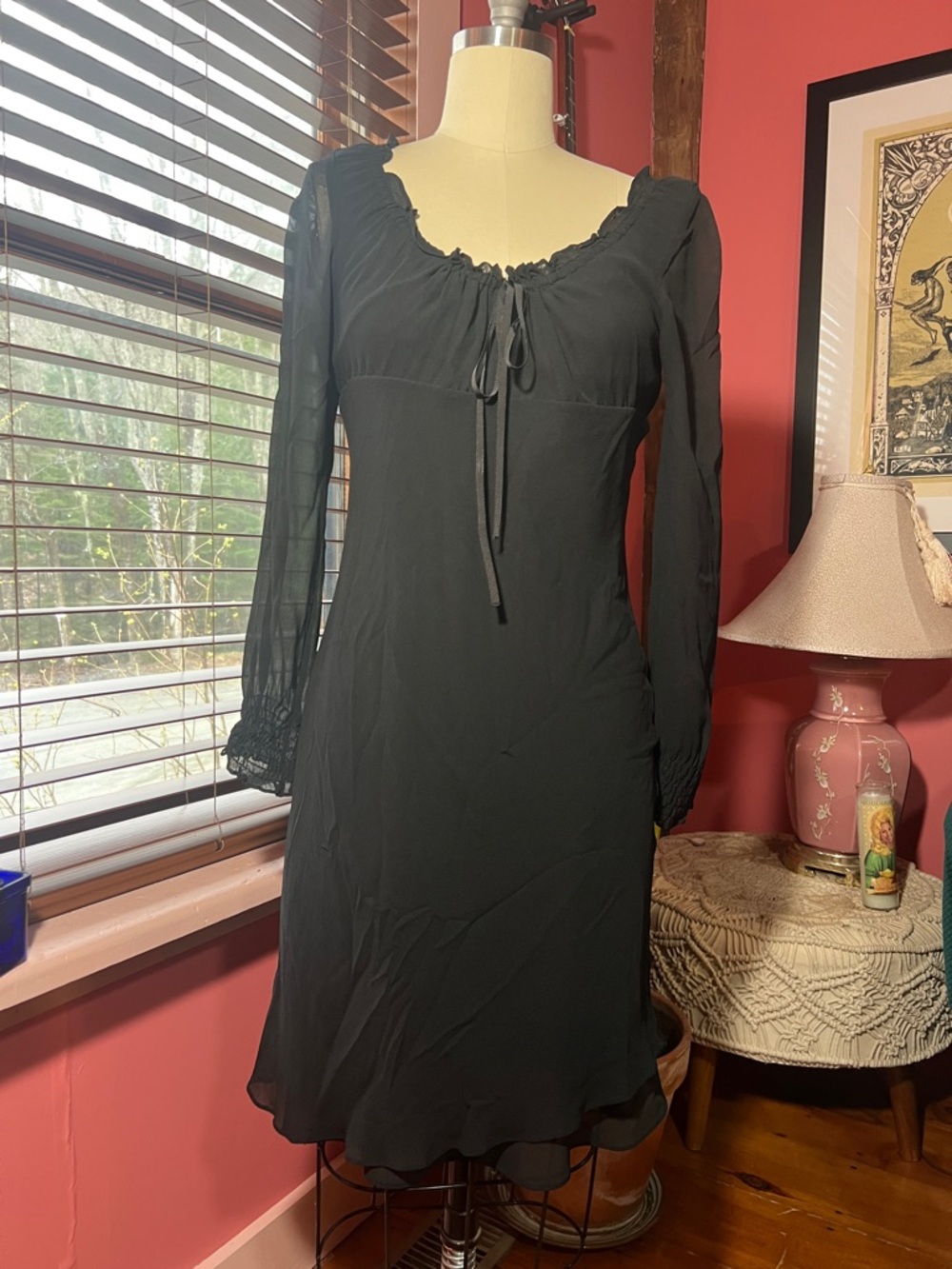 Express black Long-Sleeve Ruffled Tie-Neck Dress